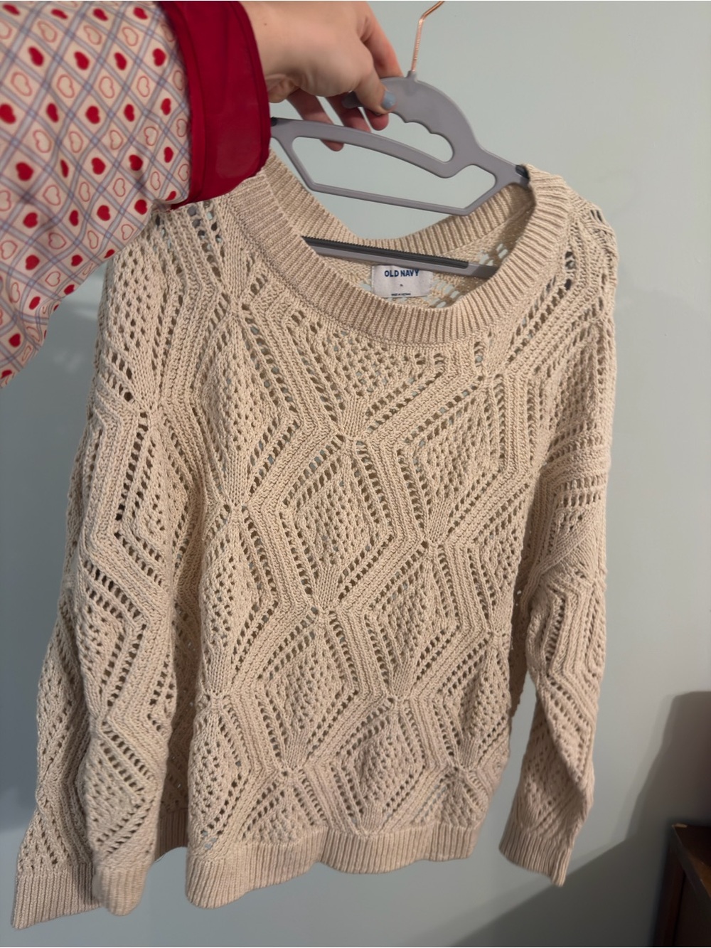Old Navy Cream Openwork Diamond-Pattern Crewneck Sweater